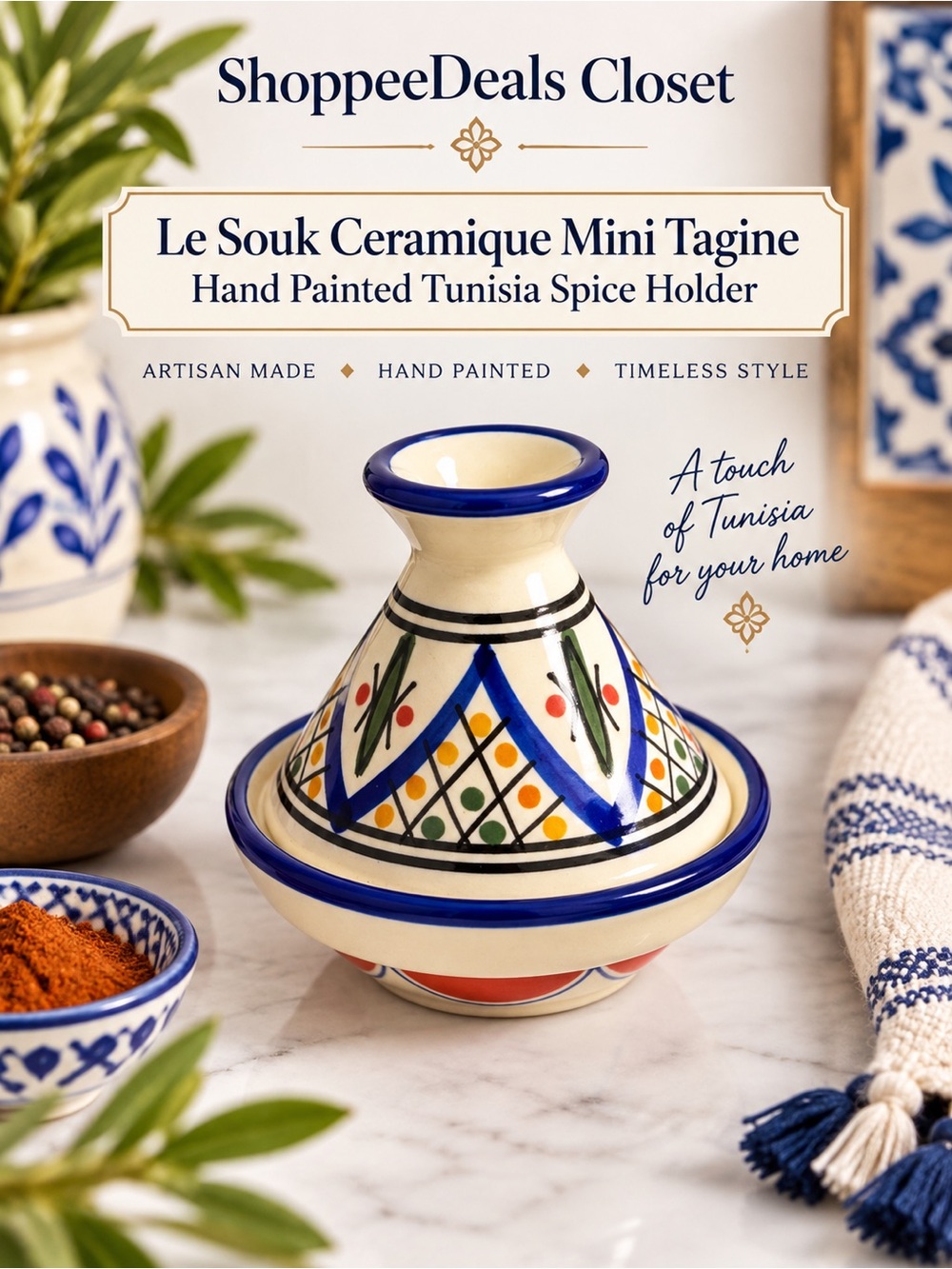 Le Souk Ceramique Mini Tagine Hand Painted Tunisia Spice Holder